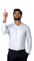Man in white shirt pointing upward with serious expression, isolated on a transparent background, ideal for themes of focus and attention. png