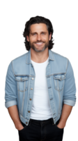 Handsome man in denim jacket smiling casually on a transparent background, representing casual style and confidence. png