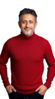 Confident man in red sweater with hands in pockets, isolated on a transparent background, embodying style and approachability. png