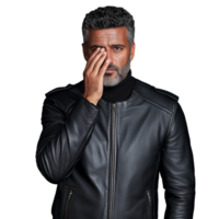 Man in black leather jacket with hand over one eye, expressing mystery and confidence, isolated on a transparent background, symbolizing intrigue and style. png