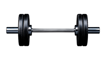 Black dumbbell with chrome handle isolated on a transparent background, ideal for fitness and gym enthusiasts. png