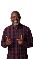 Cheerful man in plaid shirt pointing with both hands, isolated on a transparent background, showing positivity and friendliness. png