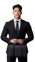 Confident young businessman in a suit with briefcase, isolated on a transparent background, representing professionalism and ambition. png
