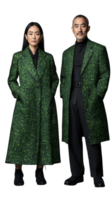 Fashion forward couple in matching green coats standing side by side, showcasing coordinated style on a transparent background. png