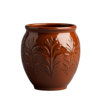 Elegant terracotta pot with engraved leaf patterns, perfect for adding a natural touch to interior decor on a transparent background. png