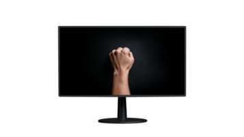 Close up of a raised fist on a computer monitor screen, symbolizing strength and unity against a transparent background. png
