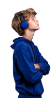 Young man with curly hair wearing blue headphones and hoodie, listening and looking upward with focus on a transparent background. png