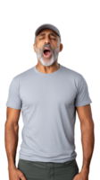 Older man with a cap and a surprised expression, dressed casually in a t shirt against a transparent background. png