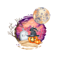 Gray gravestone on a hill, with a tree, a fence, a moon and a Halloween pumpkin on the background watercolor illustration. Funeral stone isolated from background. Design concept for poster card banner png