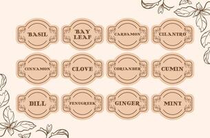 This collection of spice jar labels and stickers is designed to help you efficiently organize your pantry. Keep your herbs and spices clearly marked for easy access and a tidy kitchen storage solution vector