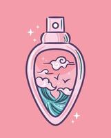 Bright colored perfume bottle design with a beautiful view of the ocean in Asian kawaii style. illustration in sketch style. Marine aroma. For sticker, packaging, design element vector