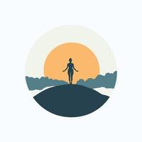 Silhouette of a woman practicing yoga on a hilltop with sun and clouds in the background vector