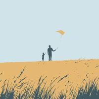 silhouette of a father and child flying a kite in a field with a clear sky vector