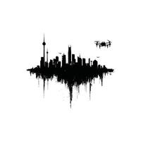 Silhouette of a futuristic smart city skyline flying drones with solid white background vector