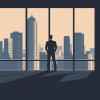 Silhouette of a businessman standing in front of a large window vector