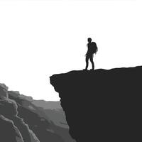 Silhouette of a hiker standing at the edge of a cliff vector