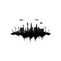 Silhouette of a futuristic smart city skyline flying drones with solid white background vector