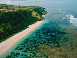 Coastline with green cliffs and ocean in Bali island. Aerial view of tropical vacation beach photo