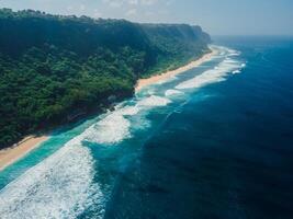 Drone view of coastline with ocean waves and tropical wild beach in Bali. photo