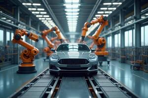 car with a futuristic design in modern industrial assembly line The background features robotic arms and a spacious well lit factory environment photo