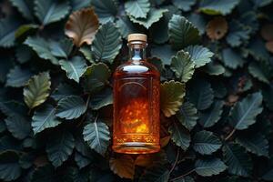 clear glass bottle with a gold cap surrounded by red and orange autumn leaves on a dark background photo