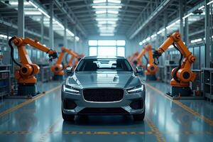 car with a futuristic design in modern industrial assembly line The background features robotic arms and a spacious well lit factory environment photo
