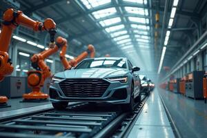 car with a futuristic design in modern industrial assembly line The background features robotic arms and a spacious well lit factory environment photo