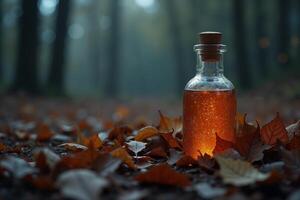 glass bottle with a black dropper placed on fallen leaves photo