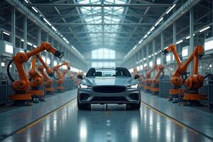 car with a futuristic design in modern industrial assembly line The background features robotic arms and a spacious well lit factory environment photo