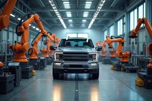 modern factory with pickup truck cars on a production line under bright overhead lights with robotic arm photo