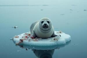 sea lion lying on an ice floe with trash garbage beside photo