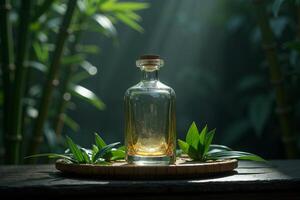glass bottle filled with golden liquid placed on a tree lush green foliage photo