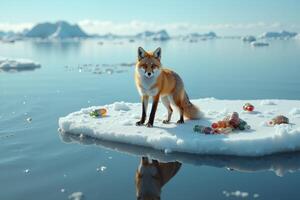 red fox standing on an ice floe in a serene icy landscape with garbage trash pollution photo