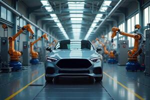 car with a futuristic design in modern industrial assembly line The background features robotic arms and a spacious well lit factory environment photo