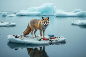 red fox standing on an ice floe in a serene icy landscape with garbage trash pollution photo