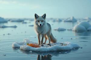 red fox standing on an ice floe in a serene icy landscape with garbage trash pollution photo