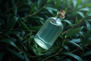 glass bottle filled with golden liquid placed on a tree lush green foliage photo
