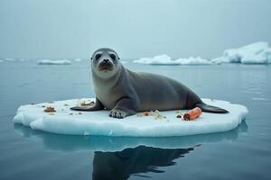 sea lion lying on an ice floe with trash garbage beside photo