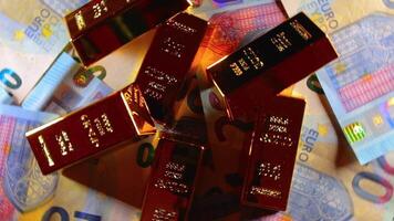 Shiny Gold Bars on the 20 Euro Bills - Top View. Euro Money Currency. A Lot of Twenty Euro Banknotes. Success, Finances and Wealth Concept - Slow Rotation Right video