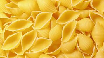 Uncooked Conchiglie Pasta. A Culinary Canvas of Conchiglie Macaroni, Creating a Lively and Textured Background for Gourmet Cooking - Rotating. Turning Dry Pasta. Raw Macaroni - Rotation video