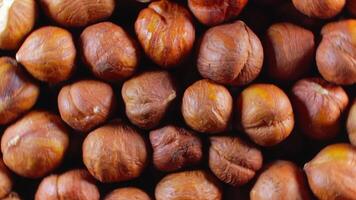 Scattered Peeled Hazelnuts - Top View, Rotating. Turning Hazelnut Background. Natural High-Calorie Snacks - Rotation video