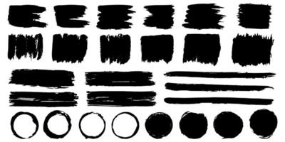 Black brush strokes. Large set of text boxes. Grunge texture. Abstract stains. Hand drawn circles, squares and stripes on white background. vector