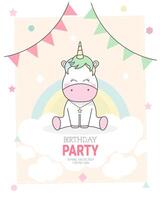 Unicorn birthday invitation. Unicorn, flags, rainbow and clouds. vector