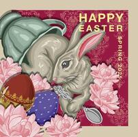 Easter card with hare and eggs, art hand drawn illustration vector