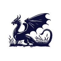 A black dragon is sitting on grass with wings spread out vector
