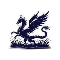 A black and white illustration of a dragon flying over grass vector