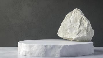 a white rock on podium with grey background photo