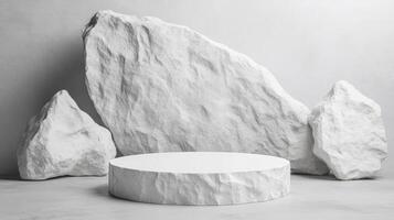 a white rock on podium with grey background photo
