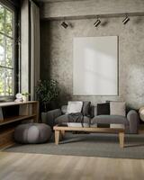 A modern grey apartment living room features a grey sofa with pillow and modern home decor. photo