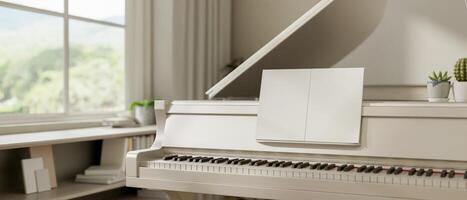 A beautiful white piano set in a contemporary, luxurious living room. photo